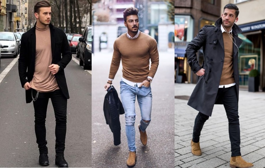 προτάσεις σε outfits με καφέ πουλόβερ και μπλούζες