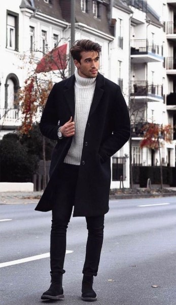 μαύρο παλτό άσπρο πουλόβερ