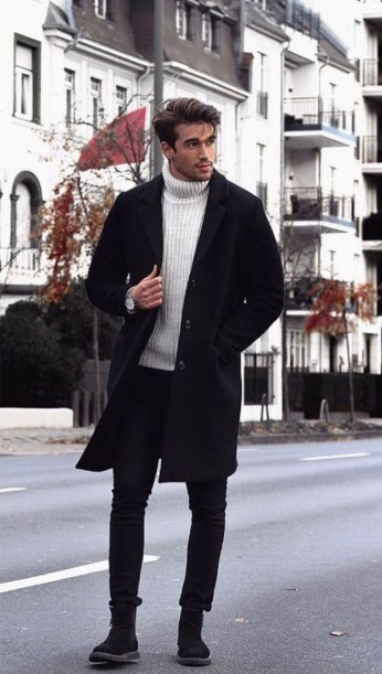 άσπρο πουλόβερ πλεκτό μαύρο παντελόνι μαύρο παλτό καθημερινά outfits κομψός