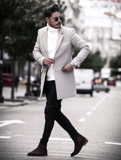 μαύρο παντελόνι άσπρο πλεκτό πουλόβερ άσπρο παλτό