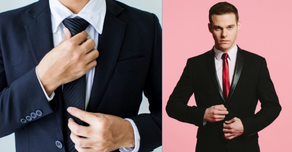 Άνδρας φοράει το απαραίτητο αξεσουάρ: σκούρη μπλε γραβάτα ή κόκκινη με μαύρο σμόκιν και άσπρο πουκάμισο